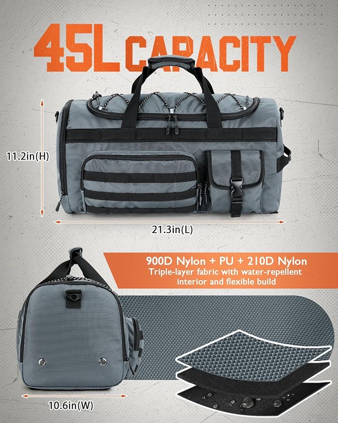 Gonex 45L Duffel Bag for Men, 3 in 1 Convertible Carry Gym Duffle with Shoe Compartment, Tactical Gear Loops, Water-Repellent Lining, Workout & Travel Bag (Gray)