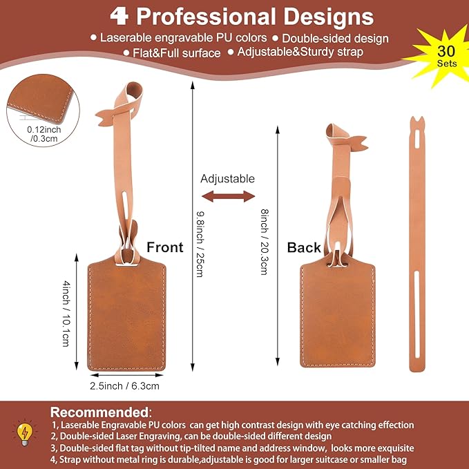 30 Sets Khaki Luggage Tags Laser Engraving Material - Ideal Laserable Engravable Leatherette Gift - Lasable Faux PU Leather Name ID for Suitcases Bag Backpack to Easily Distinguish during Trip