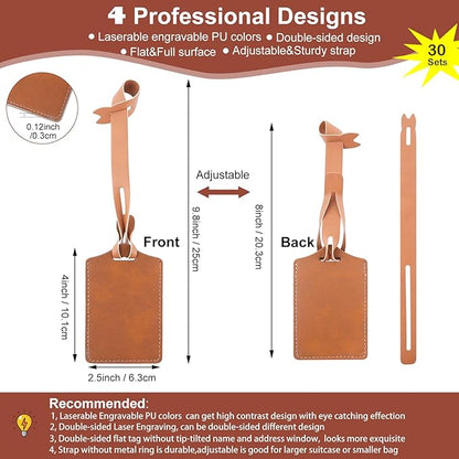 30 Sets Khaki Luggage Tags Laser Engraving Material - Ideal Laserable Engravable Leatherette Gift - Lasable Faux PU Leather Name ID for Suitcases Bag Backpack to Easily Distinguish during Trip
