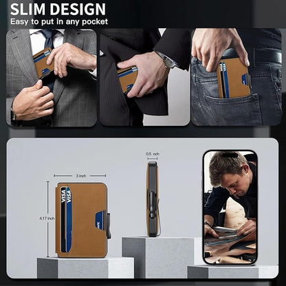 Wallet for Men, Mens Wallet Minimalist Slim Wallet, RFID Blocking Smart Pop Up Wallet with Money Clip & ID Window, Metal Compact Wallet, Aluminum Credit Card Holder Wallet