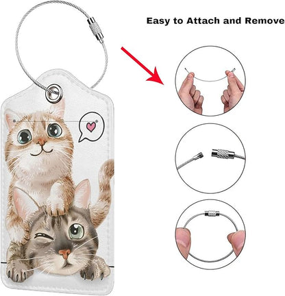 Set of 2 Cute Cats Luggage Tags for Suitcases Bag Tag with Full Back Privacy Suitcase Labels Identifiers, Funny Animals Pattern PU Leather Backpack Name Tags for Women Girls Teen Kids Boys Travel