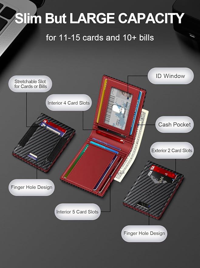 Wallet for Men Slim Leather Wallets for 13-17 Cards, RFID Blocking Thin Card Holder Wallet with ID Window & Large Capacity Cash Slot, Minimalist Bifold Small Wallet for Front Pocket, Gift for Men