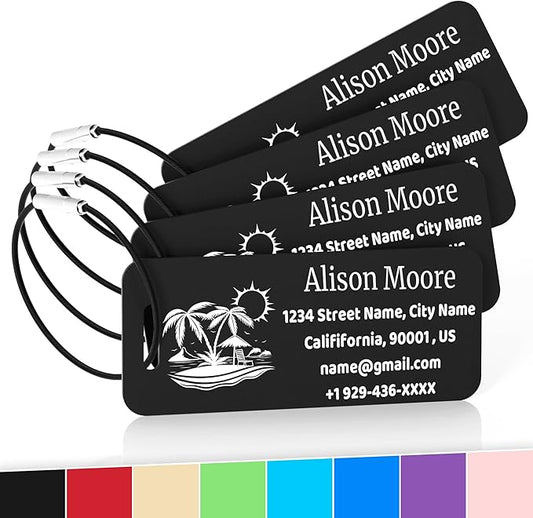 4 PCS Personalized Luggage Tags for Suitcases, Custom Aluminum Luggage Tags for Bags and Backpacks, Waterproof & Heavy Duty Personalized Metal Name Tags for Travel (Black)