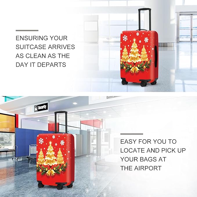 Golden Christmas Trees Luggage Cover - Sparkling Trees with Bells and Holly on Red Background, Elegant Holiday Design Stretchable Suitcase Protector for 28 30 Inch Travel Bags