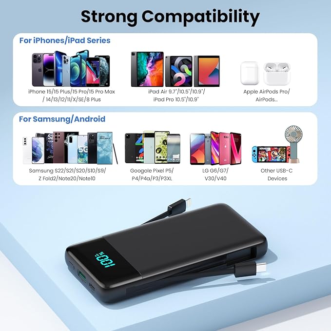 Portable Charger for iPhone with Built-in Cables and Wall Plug,Upgraded 13800mAh Fast Charging USB C Power Bank,4 Outputs Slim Travel Essential Battery Pack for iPhone 17/16/15/14/13,Galaxy,Android