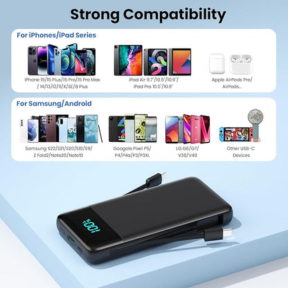 Portable Charger for iPhone with Built-in Cables and Wall Plug,Upgraded 13800mAh Fast Charging USB C Power Bank,4 Outputs Slim Travel Essential Battery Pack for iPhone 17/16/15/14/13,Galaxy,Android