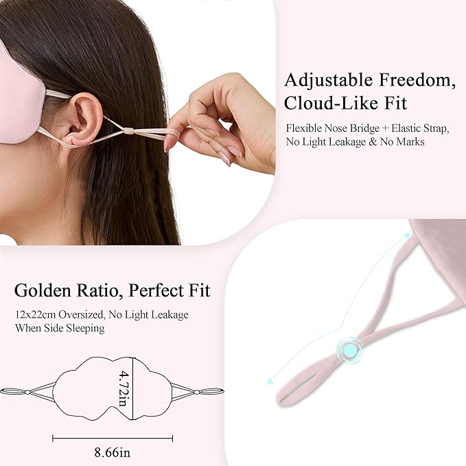 Pearl Rosé Mulberry Silk Sleep Eye Mask for Men Women, Cloud-Shaped Lightweight Adjustable Hanging-Ear Design (8 Inches), Light-Blocking Ready-to-Gift Set for Travel Nap by Timeless Artworks