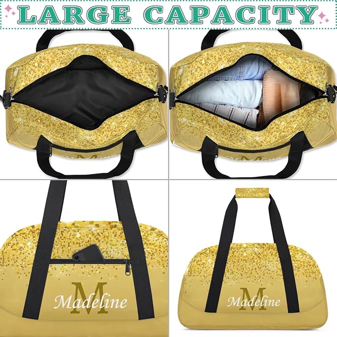 Personalized Kids Sports Duffel Bag with Name Custom Weekender Overnight Bag for Boys Girls Gym Bag Travel Dance Gymnastics Duffel Bag, Gold Glitter