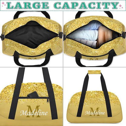 Personalized Kids Sports Duffel Bag with Name Custom Weekender Overnight Bag for Boys Girls Gym Bag Travel Dance Gymnastics Duffel Bag, Gold Glitter