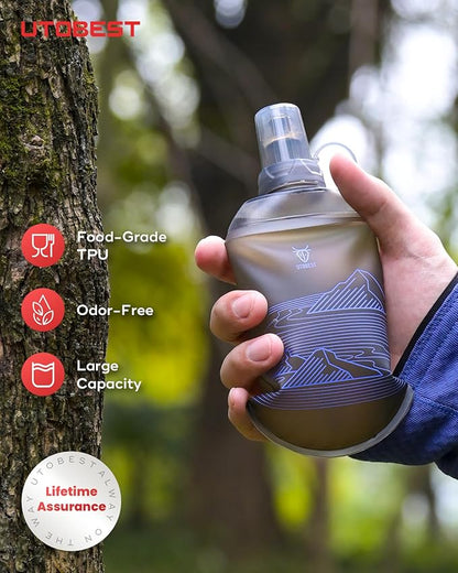 200ml Soft Flask, 2 Pack Flexible TPU Hydration Water Bottle, Collapsible with 28mm Caliber for Running, Hiking, Cycling, Climbing, and Marathon Purple