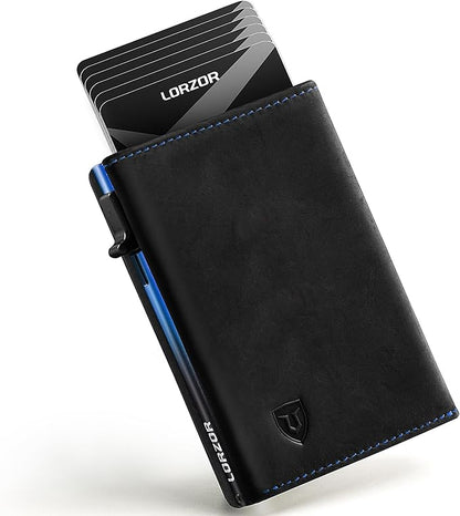 LORZOR Minimalist Wallet for Men with Credit Card Holder, Finest Full Grain Leather, Pop up Smart Wallet, Trifold Slim Wallet, RFID Blocking, Front Pocket, ID Window