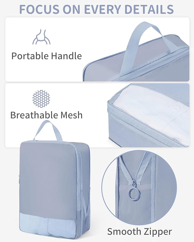 Compression Packing Cubes - 11 Set Suitcase Organizers, Expandable Luggage Bags with Blue Travel Essentials