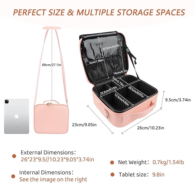 gzcz Travel Makeup Bag,Professional Cosmetic Bags for Women,Portable Makeup Brush Bag Organizer Storage with Adjustable Dividers and Shoulder Strap