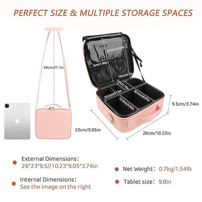 gzcz Travel Makeup Bag,Professional Cosmetic Bags for Women,Portable Makeup Brush Bag Organizer Storage with Adjustable Dividers and Shoulder Strap