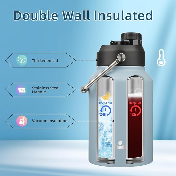 Half Gallon Jug with Handle,64 oz Insulated Water Bottle with Carrying Pouch,Double Wall Vacuum Stainless Steel Metal Bottle,Storm Blue
