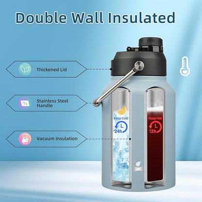Half Gallon Jug with Handle,64 oz Insulated Water Bottle with Carrying Pouch,Double Wall Vacuum Stainless Steel Metal Bottle,Storm Blue