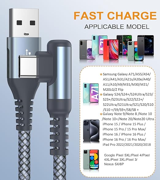 sweguard USB C Cable Right Angle [3Pack, 15FT+10FT+6.6FT], 3.1A Fast Charger Cable Nylon Braided Cord for iPhone 17 16 15 Pro Max Plus iPhone Air, Samsung Galaxy S25 S24 S23 S22 S21 Note 20 10,Moto