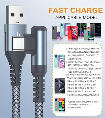 sweguard USB C Cable Right Angle [3Pack, 15FT+10FT+6.6FT], 3.1A Fast Charger Cable Nylon Braided Cord for iPhone 17 16 15 Pro Max Plus iPhone Air, Samsung Galaxy S25 S24 S23 S22 S21 Note 20 10,Moto