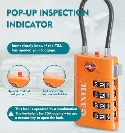 ANVIL TSA Approved Luggage Locks, 4 Digit Combination Travel Suitcase Locks with TSA008 Core and Open Alert Indicator, Zinc Alloy Body. (4, Orange)