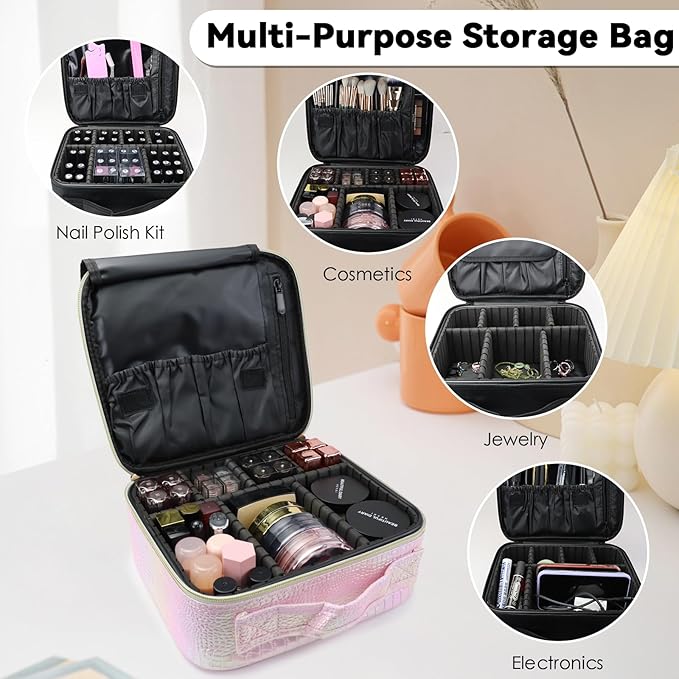 Travel Makeup Bag Makeup Cosmetic Train Case Organizer Portable Storage Bag with Adjustable Dividers for Cosmetics Makeup Brushes Toiletry Jewelry Colored Crocodile Pattern
