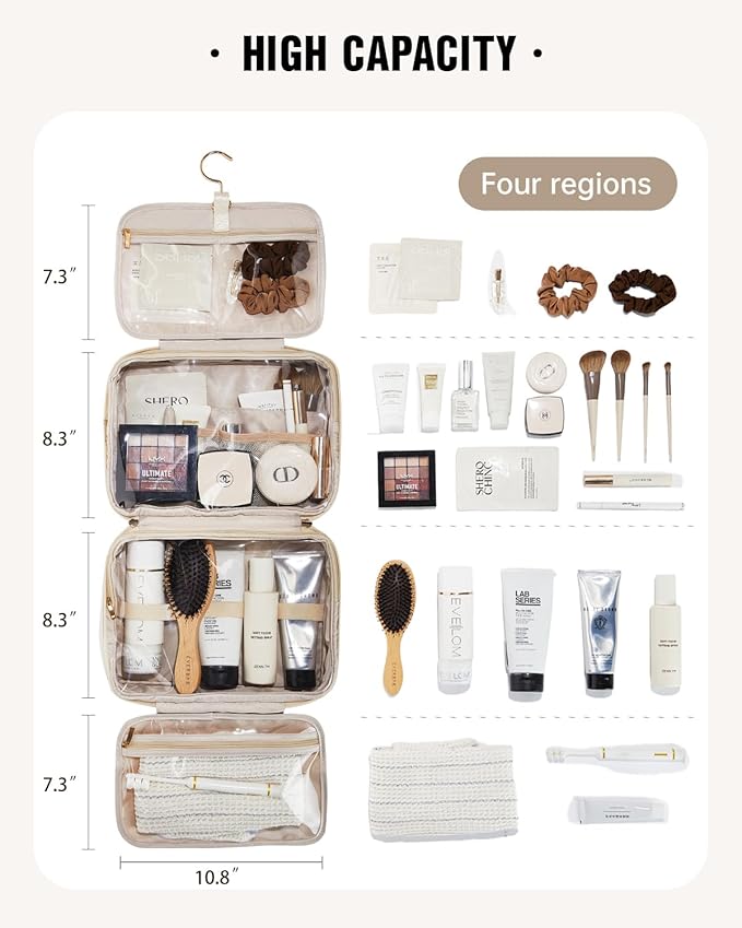 EACHY Travel Toiletry Bag with Hanging Hook, Portable Makeup Cosmetic Bags for Women, Water-Resistant Full-Size Travel Accessories (Black)