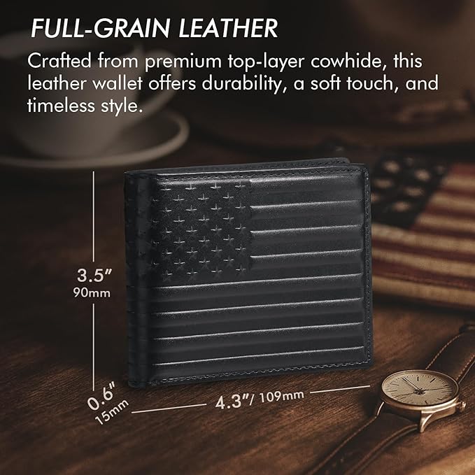 Full Grain Leather Wallet for Men, RFID Blocking, Mens Wallet Bifold with 2 ID Windows, Billfold with 13 Card Slots, Leather Gift for Men, American Flag Wallet Black