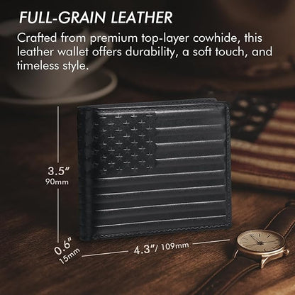 Full Grain Leather Wallet for Men, RFID Blocking, Mens Wallet Bifold with 2 ID Windows, Billfold with 13 Card Slots, Leather Gift for Men, American Flag Wallet Black
