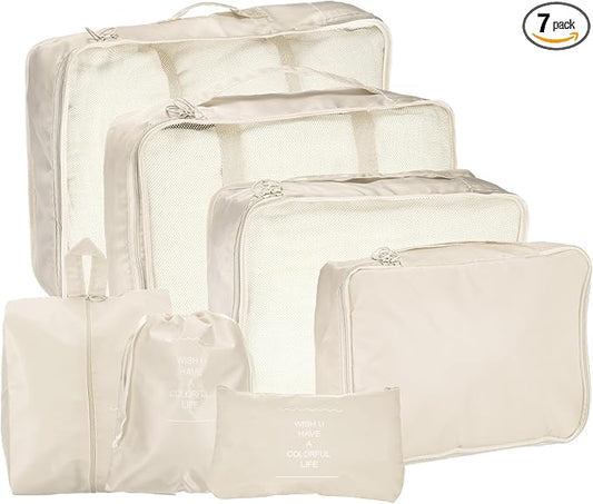 uxcell 7Set Travel Packing Cube, Travel Bags Organizer Luggage Organizer Bags Lightweight Compression Cube Travel Essentials with Shoe Bag for Outdoor Carry on Suitcases, Beige