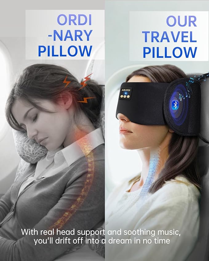 Airplane Pillow with Bluetooth Sleep Eye Mask, Travel Pillows for Airplanes Long Flight, Compact Plane Head Strap for Sleeping Upright 360° Support, Traveling Essentials to Secure Head & Neck (Black)