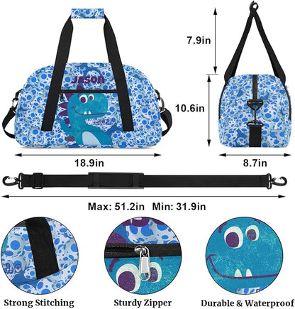 Personalized Duffel Bag for Kids Girls Boys, Dinosaur Custom Name Gym Bag Overnight with Padded Handles Carry On Weekend Sports Travel Bag for School Practice Gymnastics Ballet