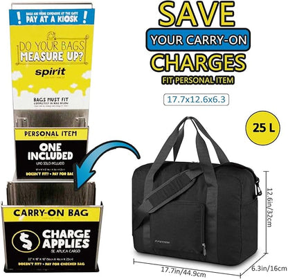 For Allegaint Airlines Personal Item Bag 17.7x12.6x6.3 Foldable Travel Duffel Bag Underseat Carry-on Luggage for Women and men 25L(Black)