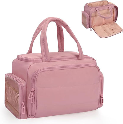 Travel Cosmetic Bag for Women, Lightweight Wide-open Makeup Travel Bags for Toiletries with 2 Removable Dividers, Large Makeup Organizer with Brushes Board, Multi Pockets for Gym, Daily, Pink