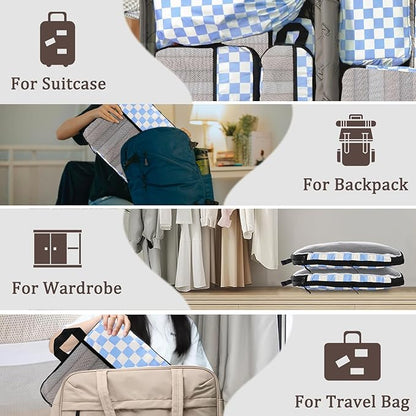 U+U 10 Set Compression Packing Cubes - Ultralight Travel Organizers with Laundry Bag and Cosmetic Bag, Space-Saving Suitcase Organizer for Travel, Business Trip and Family Vacation (Blue Checkered)