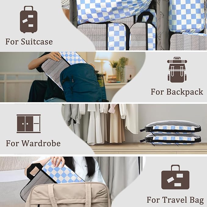 U+U 8 Set Compression Packing Cubes - Ultralight Travel Organizers with Laundry Bag and Cosmetic Bag, Space-Saving Suitcase Organizer for Travel, Business Trip and Family Vacation (Blue Checkered)