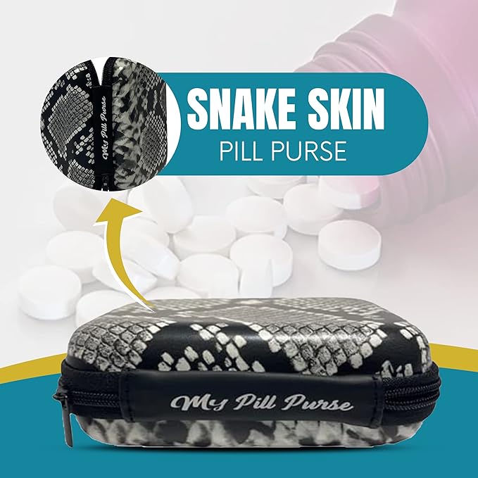 Am Pm Pill Organizer 7 Day Black/White Faux Snake Skin Medicine Storage Case Size 5.5 X 4 X 1.75 in. Med Wallet 14 Reusable Small Pill Baggies 3x4 in. Pill Pouches for Medicine, Days of The Week