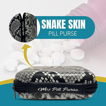 Am Pm Pill Organizer 7 Day Black/White Faux Snake Skin Medicine Storage Case Size 5.5 X 4 X 1.75 in. Med Wallet 14 Reusable Small Pill Baggies 3x4 in. Pill Pouches for Medicine, Days of The Week