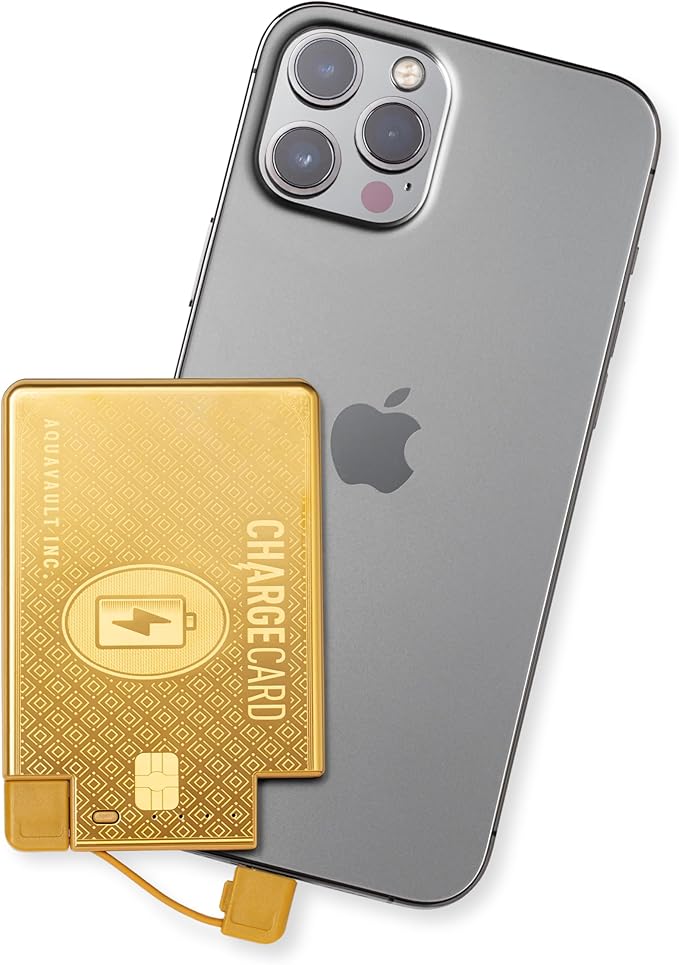 AquaVault ChargeCard – Ultra Slim Emergency Power Bank (2300mAh) – Fits in Wallet – USB-C & Micro-USB – Durable Steel Body – Flight-Safe for iPhone 12-17 & Android - Gold