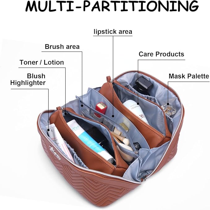 BOYATU Travel Makeup Bags Cosmetic Organizer Bag: Quilted Make up Bag Set of 3 - PU Leather Toiletry Bags for Women - Portable Makeup Organizer with Compartments & Handle & Divider(14 Brown)