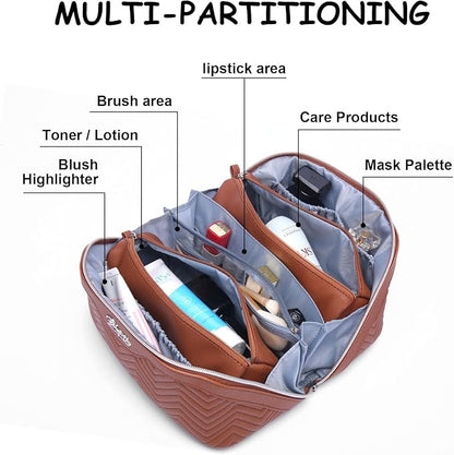 BOYATU Travel Makeup Bags Cosmetic Organizer Bag: Quilted Make up Bag Set of 3 - PU Leather Toiletry Bags for Women - Portable Makeup Organizer with Compartments & Handle & Divider(14 Brown)