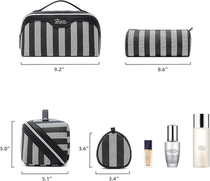 BOYATU Travel Makeup Bag for Women: Large Cosmetic Bag Set of 3 - PU Leather Make up Bag with Compartments - Compact Waterproof Toiletry Bag with Divider & Handle (B-4-Black)