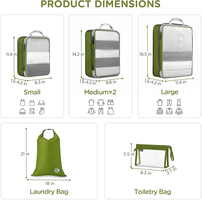 Cipway Compression Packing Cubes, See Through Mesh Luggage Organizer Bags, Travel Essentials for Carry on Suitcase with Laundry Bag and Clear Toiletries Bag（6 Pcs,Green）