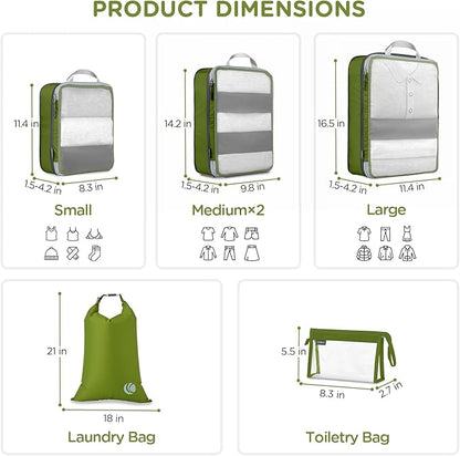 Cipway Compression Packing Cubes, See Through Mesh Luggage Organizer Bags, Travel Essentials for Carry on Suitcase with Laundry Bag and Clear Toiletries Bag（6 Pcs,Green）