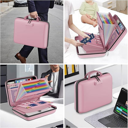 DocSafe Fireproof File Organizer with Lock, Hard-Shell Case Fireproof Document Box with 13 Pocket Accordion File Folder, Portable Home Office Travel Safe Storage for Important Documents Laptop Pink