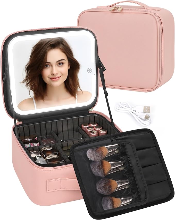TANTO Makeup Bag With LED Mirror, Travel Makeup Case with Light up Mirror Large Cosmetic Case with 3 Color Lighted Portable Professional Organizer Bag with Adjustable Dividers（Pink）