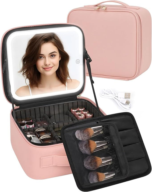 TANTO Makeup Bag With LED Mirror, Travel Makeup Case with Light up Mirror Large Cosmetic Case with 3 Color Lighted Portable Professional Organizer Bag with Adjustable Dividers（Pink）