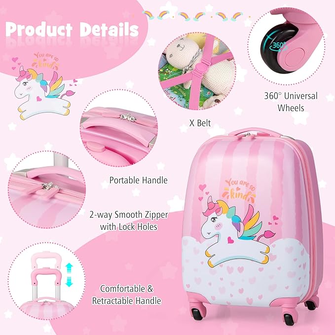 KOTEK Kids Carry On Luggage Set, 16" Hardside Rolling Suitcase with Spinner Wheels, Travel Rolling Luggage for Boys Girls (Lovely Horse)