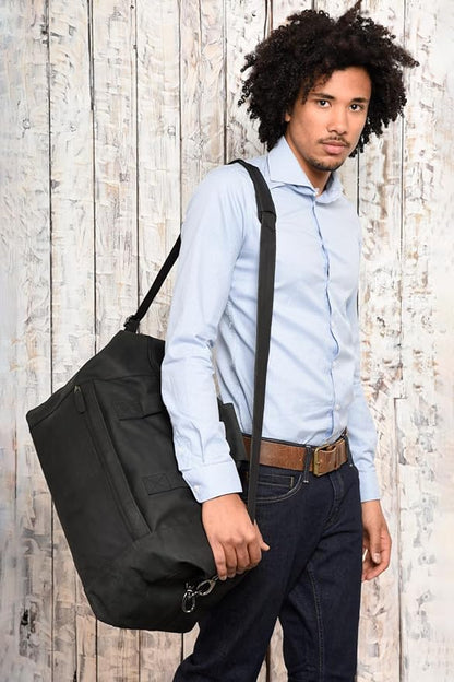 Leabags Leather Weekender | Genuine Leather Premium Travel Bag | 41L Sports Duffle Gym Training Airplane Bag | Large | Natural Black | Women & Men