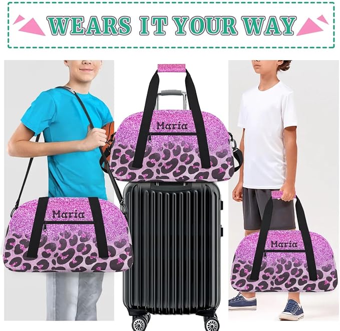 Personalized Kids Sports Duffel Bag with Name Custom Weekender Overnight Bag for Boys Girls Gym Bag Travel Dance Gymnastics Duffel Bag, Purple Glitter Leopard Print