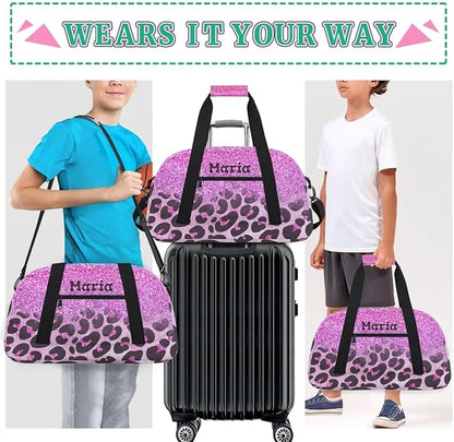 Personalized Kids Sports Duffel Bag with Name Custom Weekender Overnight Bag for Boys Girls Gym Bag Travel Dance Gymnastics Duffel Bag, Purple Glitter Leopard Print