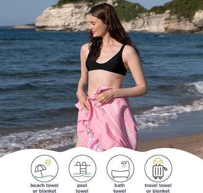 Turkish Beach Towels, Bulk Case of 12 | Oversized, Quick Dry, Sand Free | 100% Cotton, Large 38x71 Towels for Beach, Pool, Travel | Ultra-Soft, Compact, Absorbent | Pink